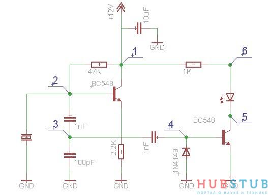 Схема для проверки кварцевых резонаторов с помощью светодиода, в стиле manhattan.